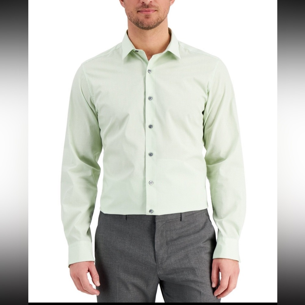 Alfani Slim Fit Dress Shirt Light Green Houndstooth | 15-15 1/2 Medium